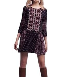 Vanessa Virginia Anthropologie Embroidered Boho Mini Dress Navy Red Women Small